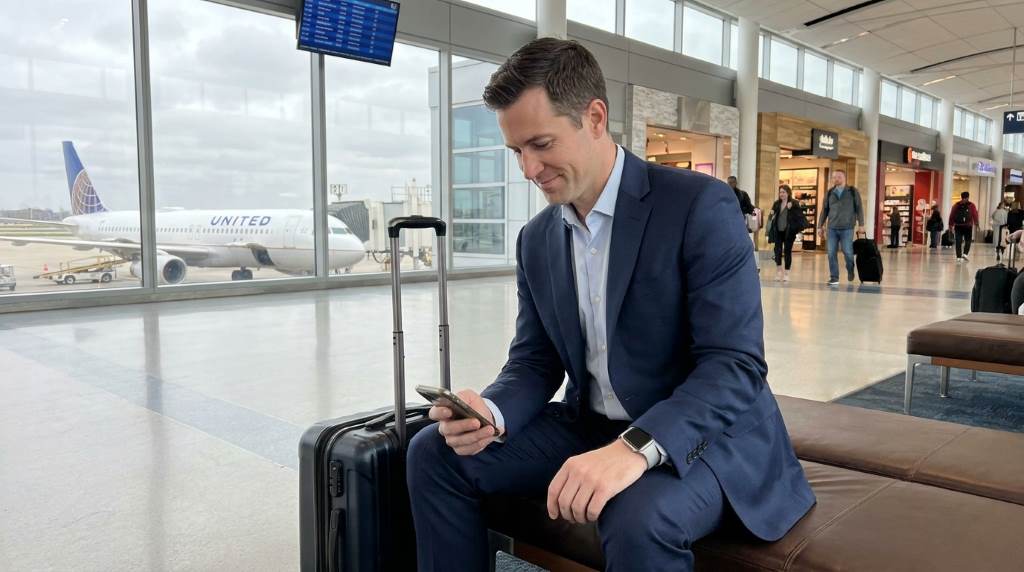 Executive traveler checking smartwatch settings inside airport lounge