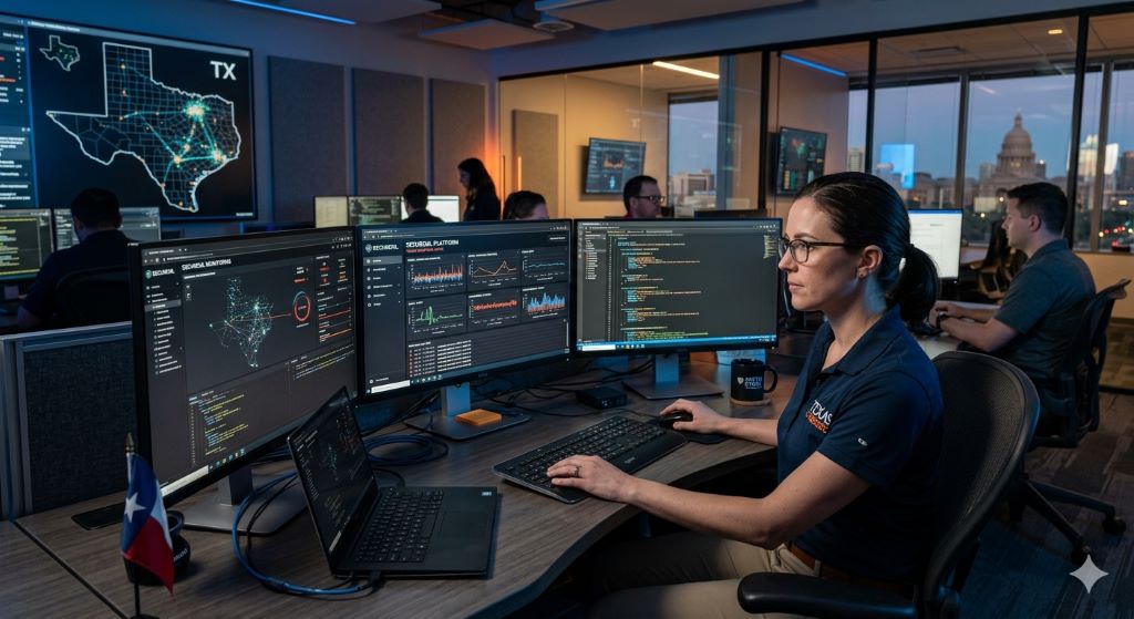 Cybersecurity expert monitoring secure machine learning software on computer screens in Texas TX