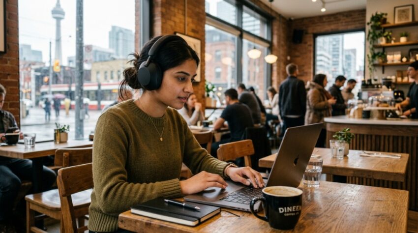 A person wearing sleek wireless headphones while working on a laptop in a cafe.