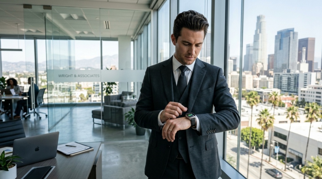 Professional checking a premium luxury smartwatch inside a modern California office.
